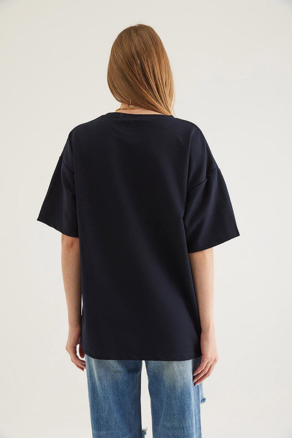 Bisiklet Yaka Oversize Baskılı Tshirt Lacivert