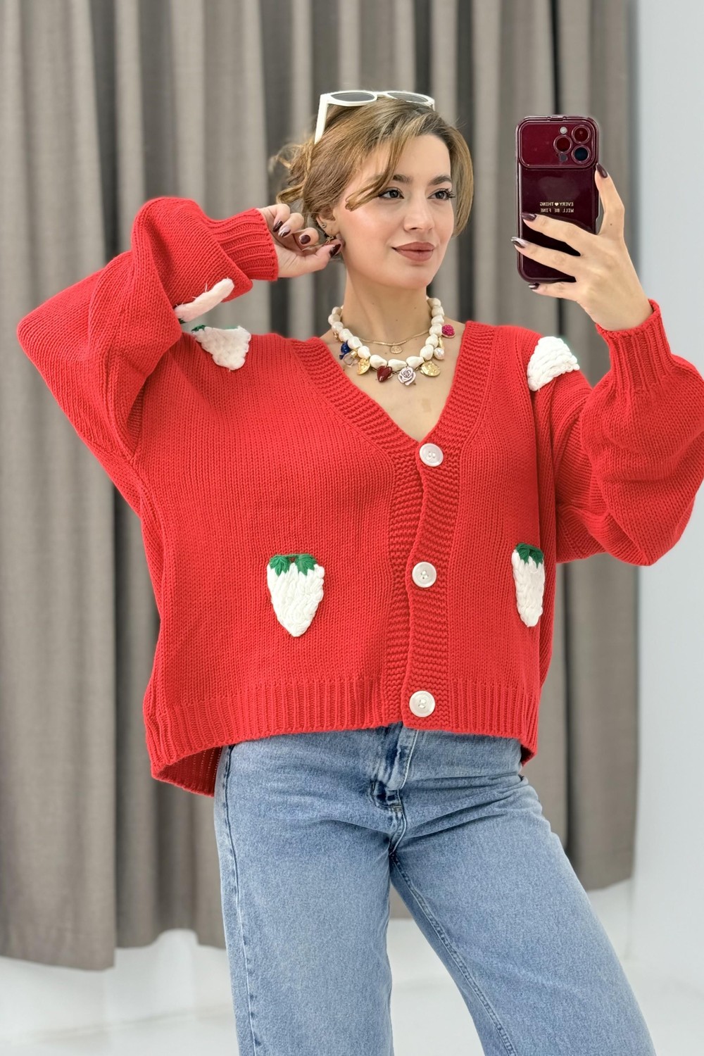 Çilek Motifli Oversize Triko Hırka Kırmızı