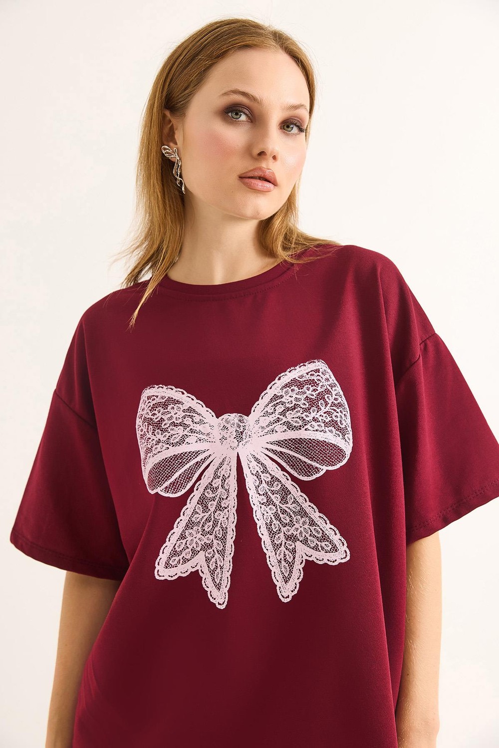 Fiyonk Baskılı Oversize Kesim Tshirt Bordo