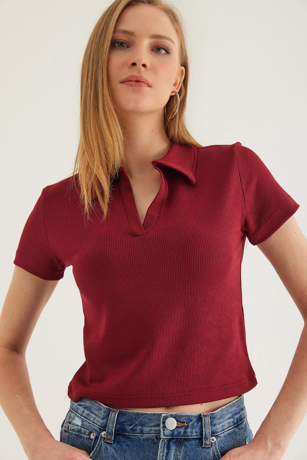 Polo Yaka Kadın Kısa Kol Bluz Bordo