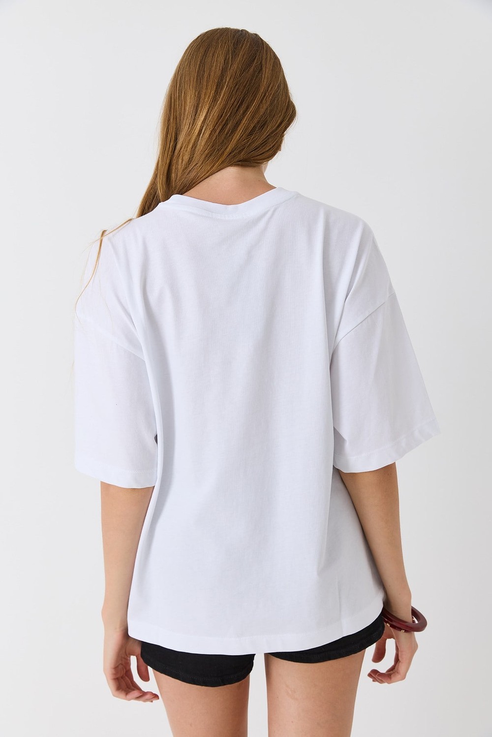 Kadın Bisiklet Yaka Kısa Kol Basic Tshirt Beyaz
