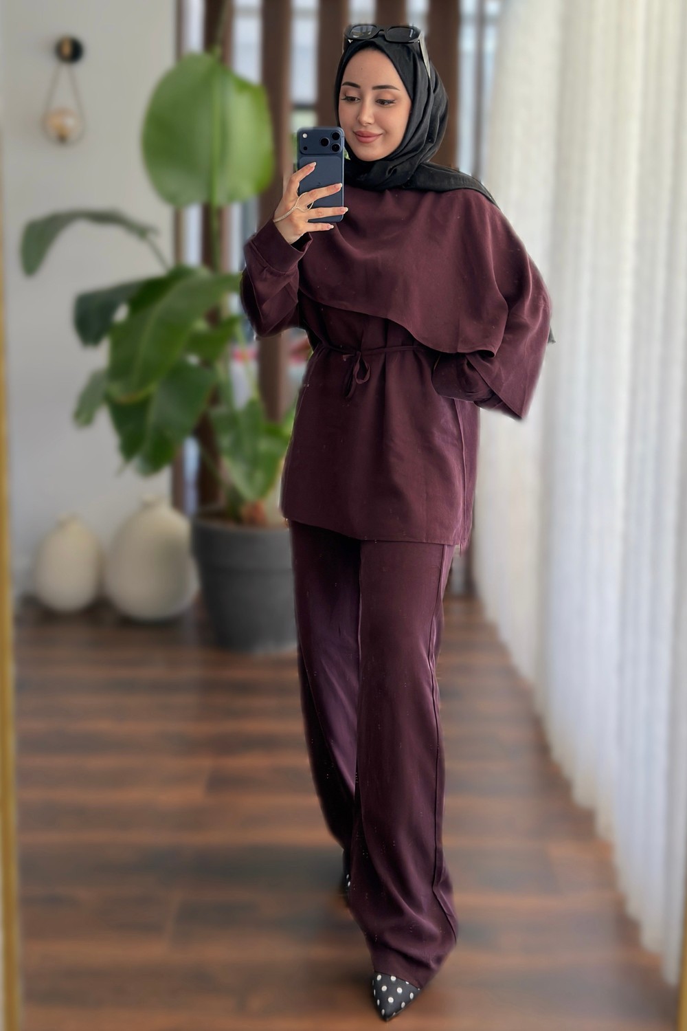 Kadın Drape Yaka Bluz Şık Takım Mürdüm