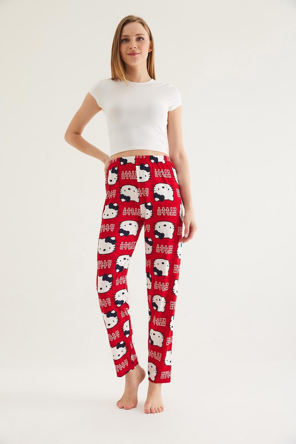  Beli Lastikli Kadın Pijama Altı Kırmızı