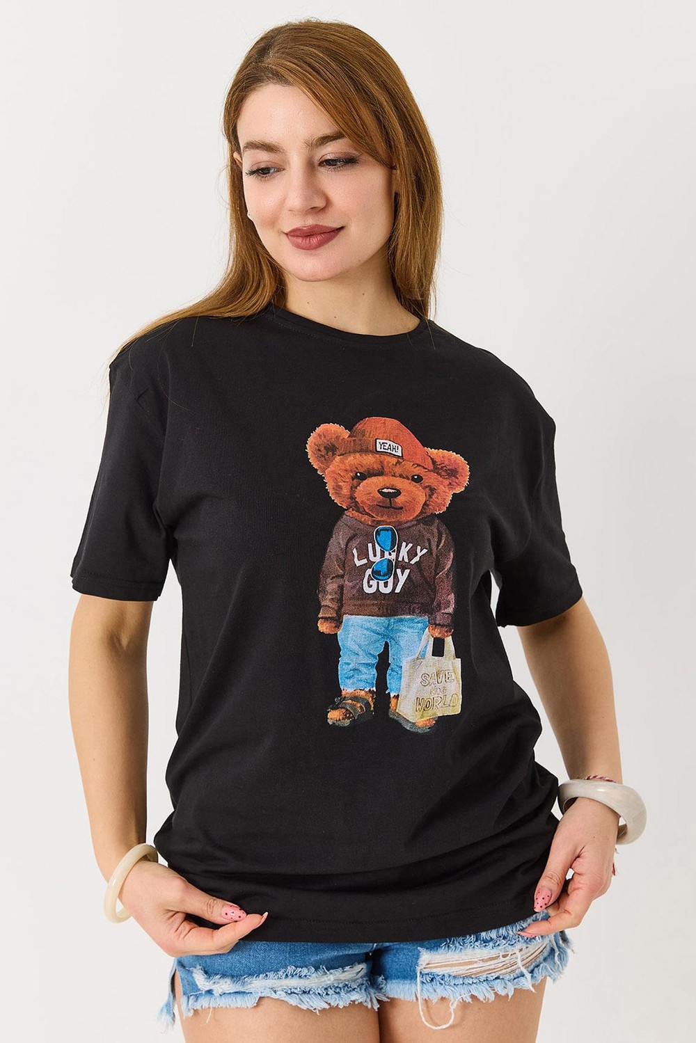 Ayıcık Baskılı Pamuklu Bisiklet Yaka Tshirt Siyah