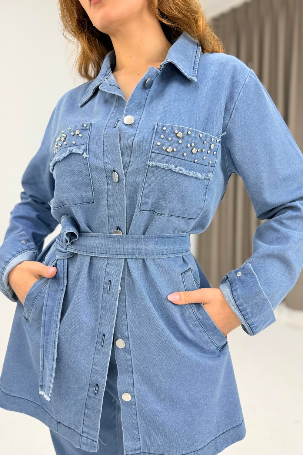Kuşaklı Cepleri Taş Detaylı Pantolon Tunik Jean Takım