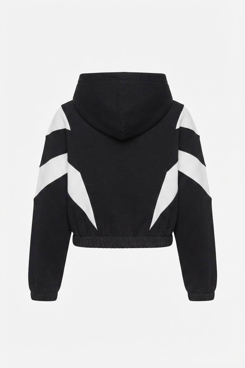 Kadın Beli Lastikli Şerit Detaylı Kapüşonlu Sweat Siyah