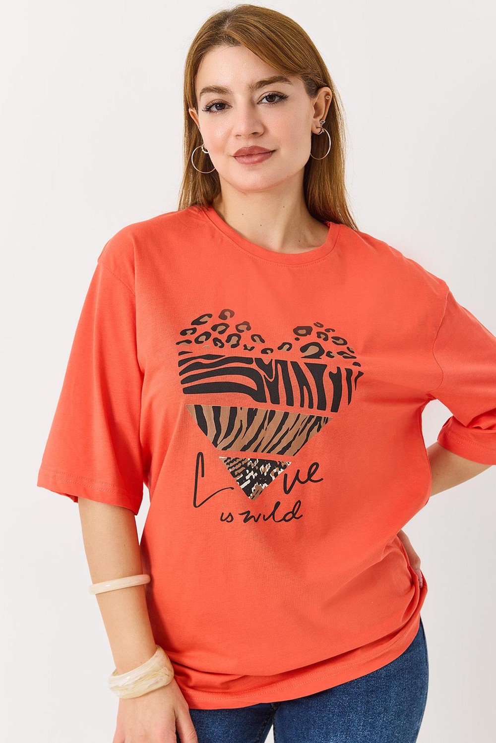Kadın Kalp Baskılı Bisiklet Yaka Tshirt Nar Çiçeği