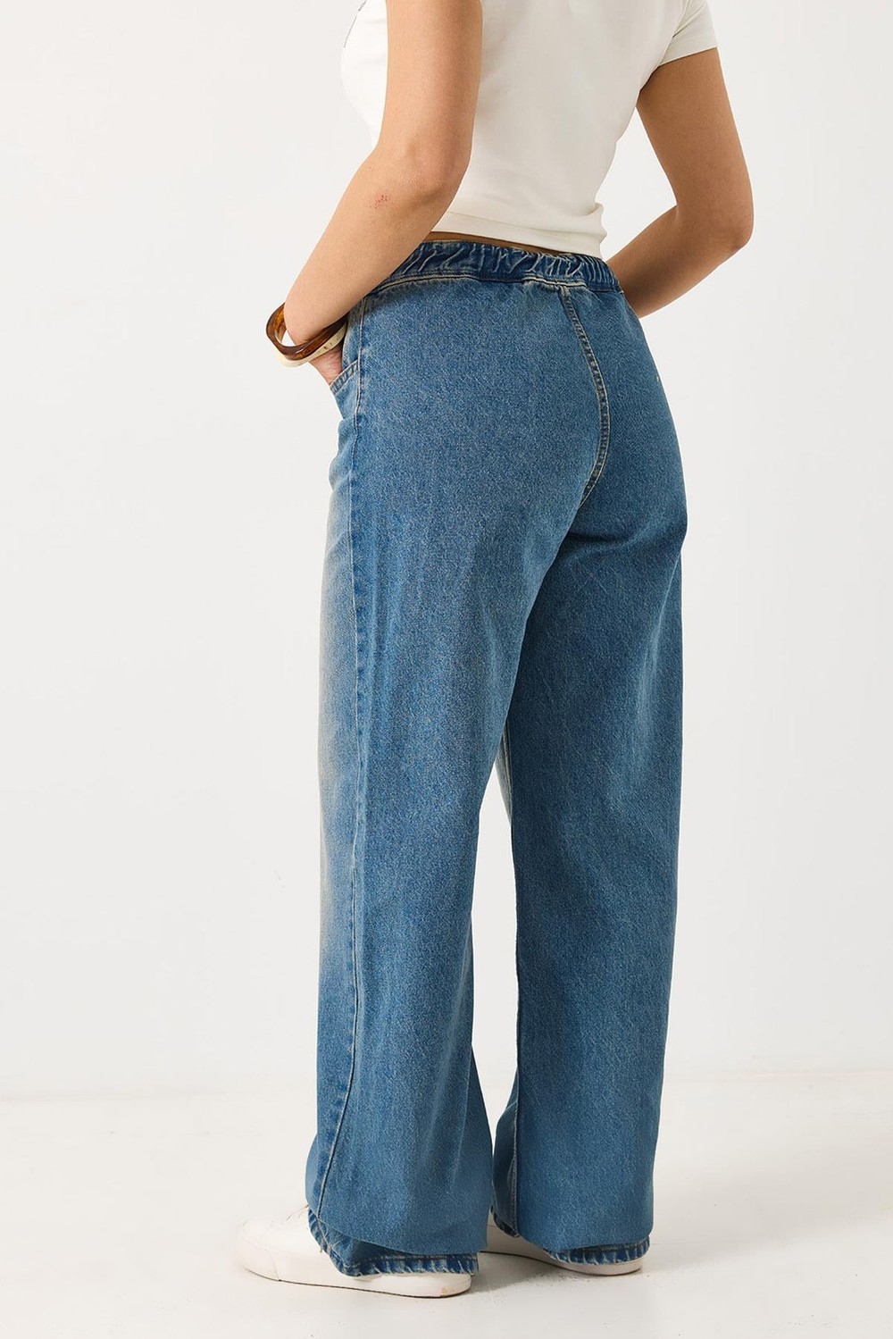 Kadın Beli Lastikli Bol Kesim Kot Pantolon Mavi