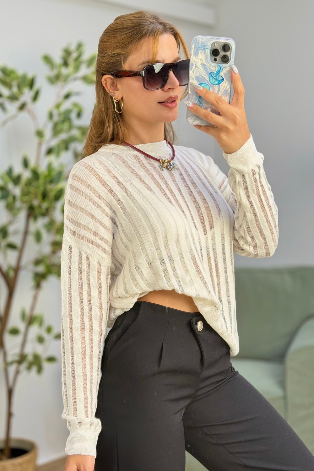Bisiklet Yaka Triko Örme Bluz Ekru