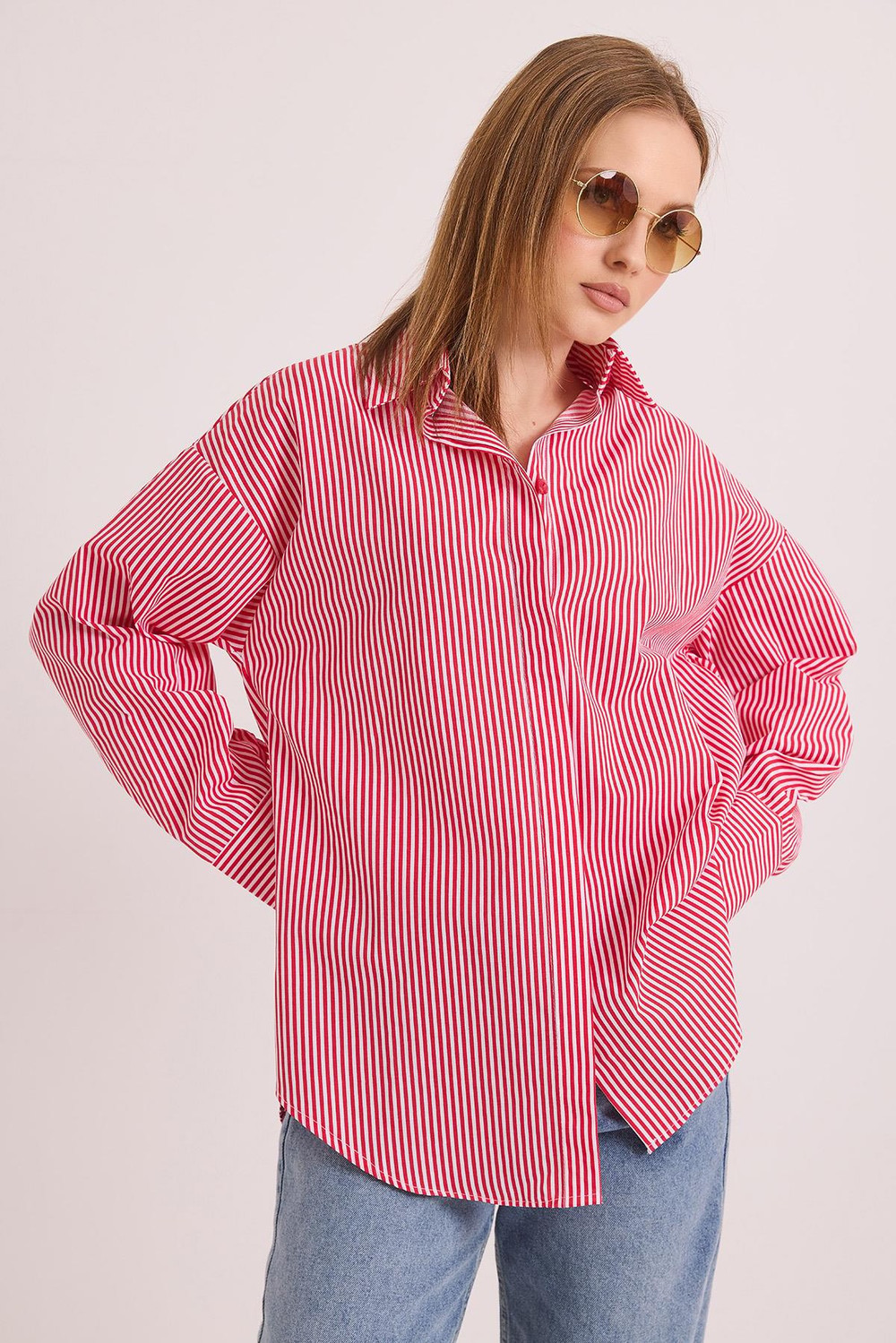 Çizgili Oversize Basic Gömlek Kırmızı