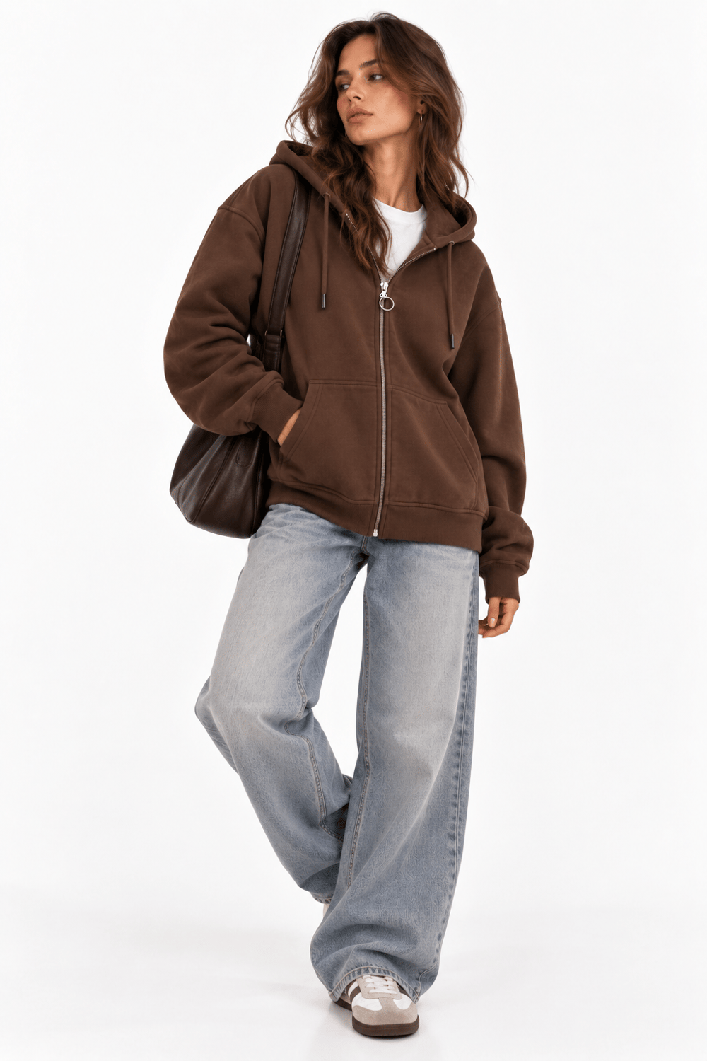 Kapüşonlu Fermuarlı Cepli Oversize Şardonlu Sweatshirt Kahve
