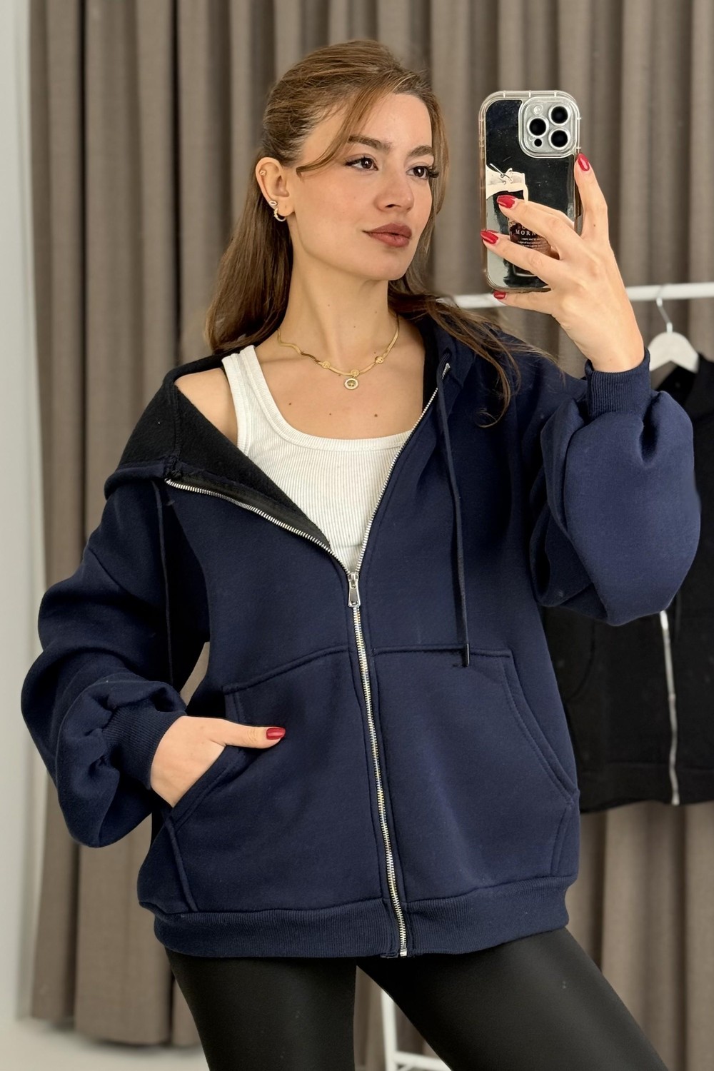 Kadın Oversize Kapüşonlu Cepli Sweatshirt Lacivert