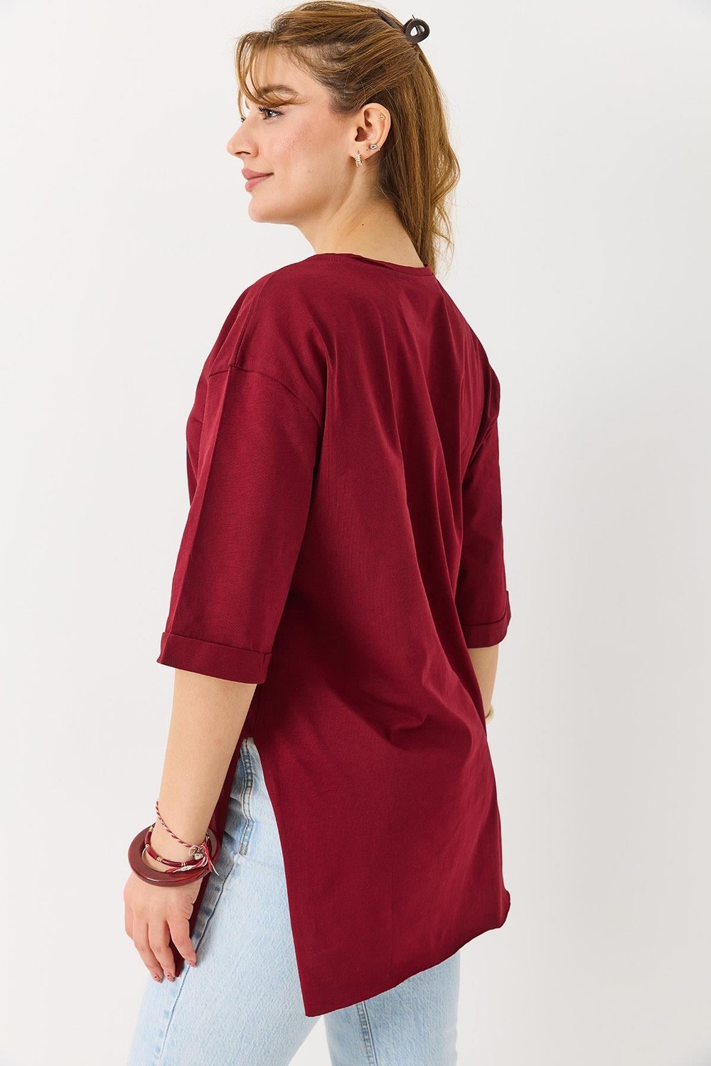 Kadın Yanı Yırtmaçlı Oversize Basic Tshirt Bordo
