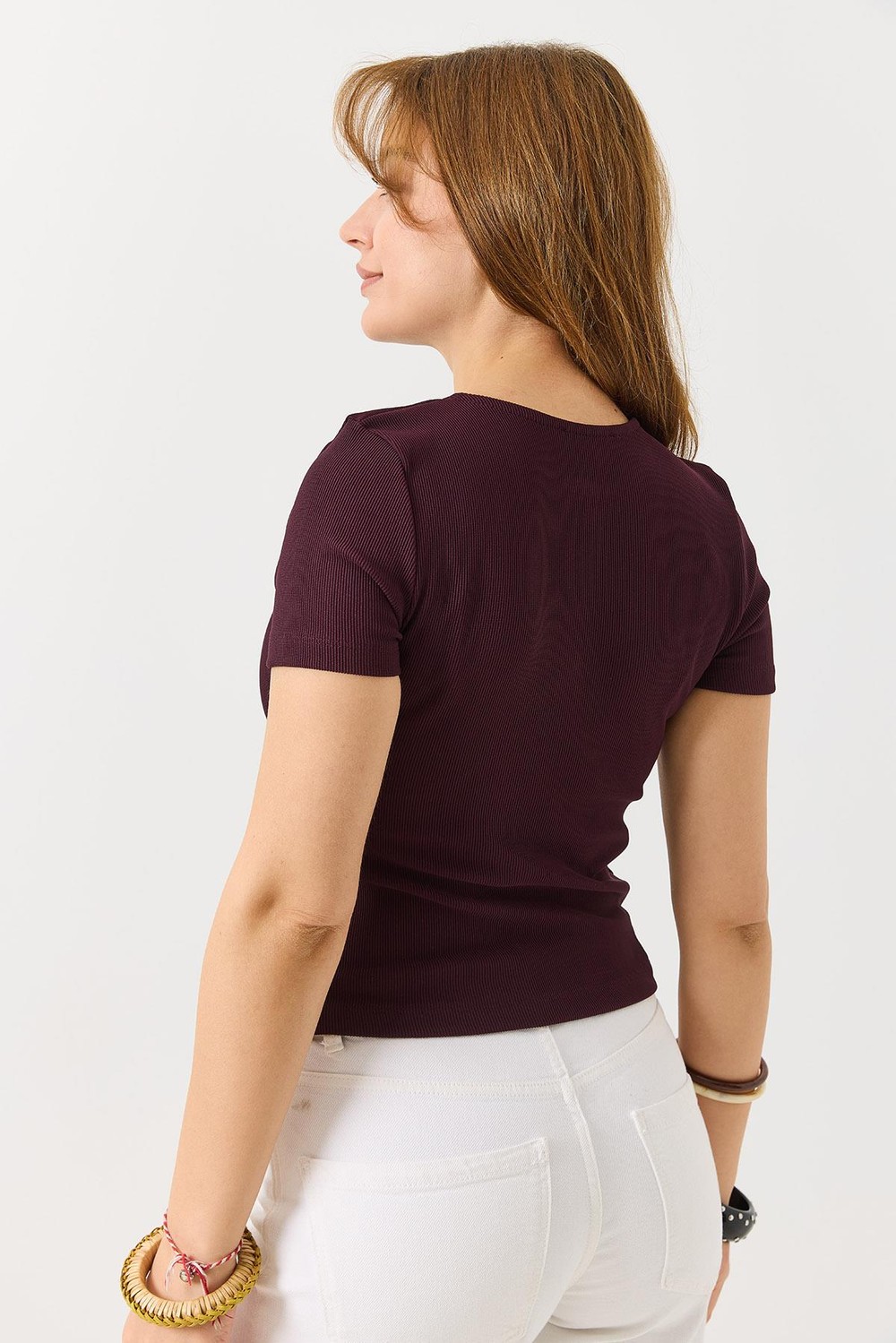 Kadın Çıtçıtlı Kısa Kollu Kaşkorse  Bluz Bordo
