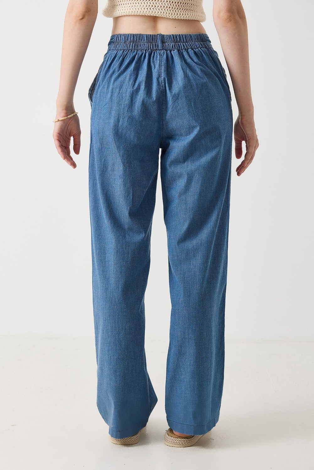 Kadın Beli Lastikli Geniş Paça Rahat Kesim Pantalon Mavi