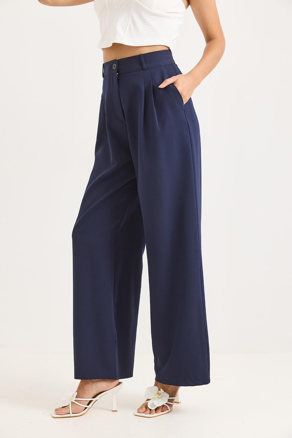 Yüksek Bel Bol Paça Pantalon Lacivert