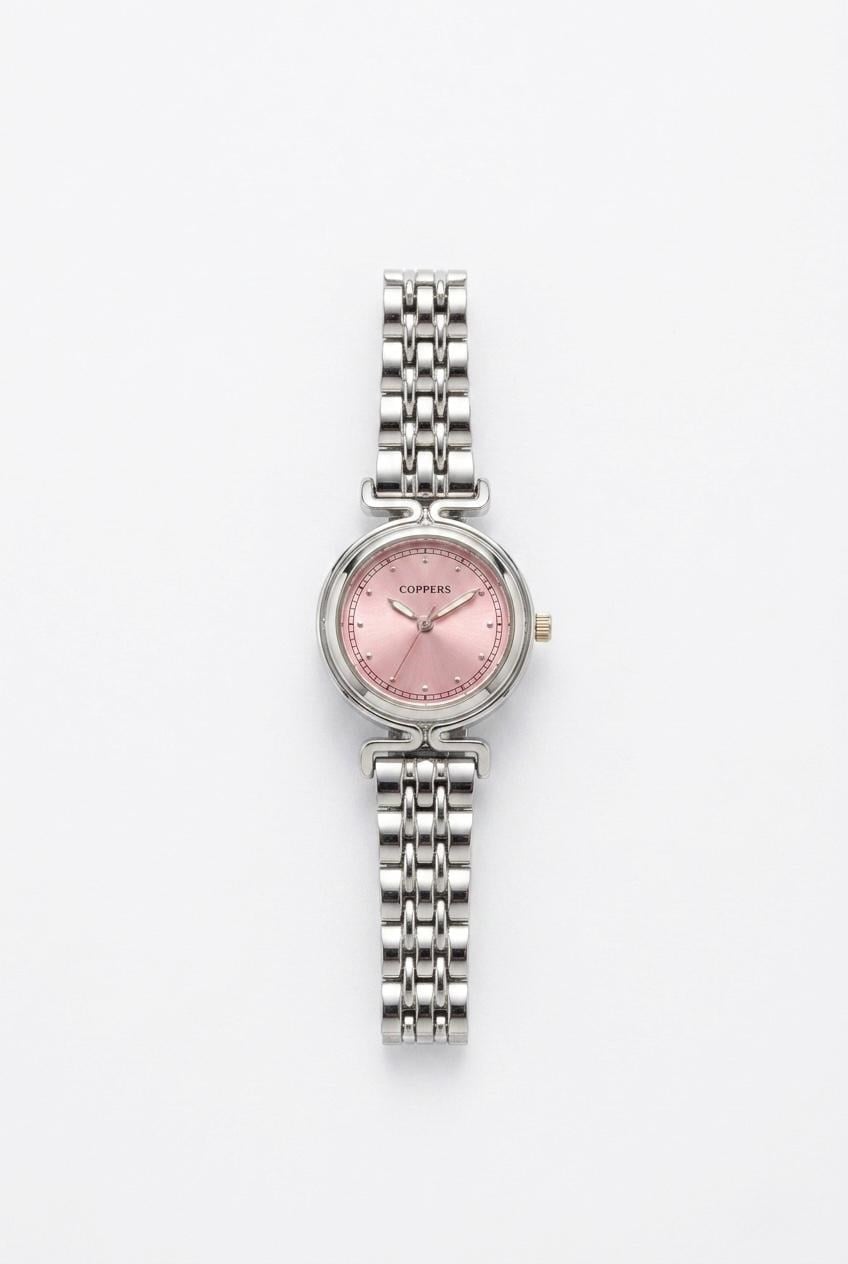 Minimalist Çelik Kordonlu Pembe Kadranlı İnce Yapılı Kol Saati Gümüş