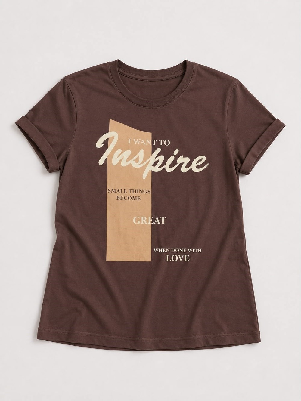 Kadın Yazı Baskılı Bisiklet Yaka Tshirt Kahverengi