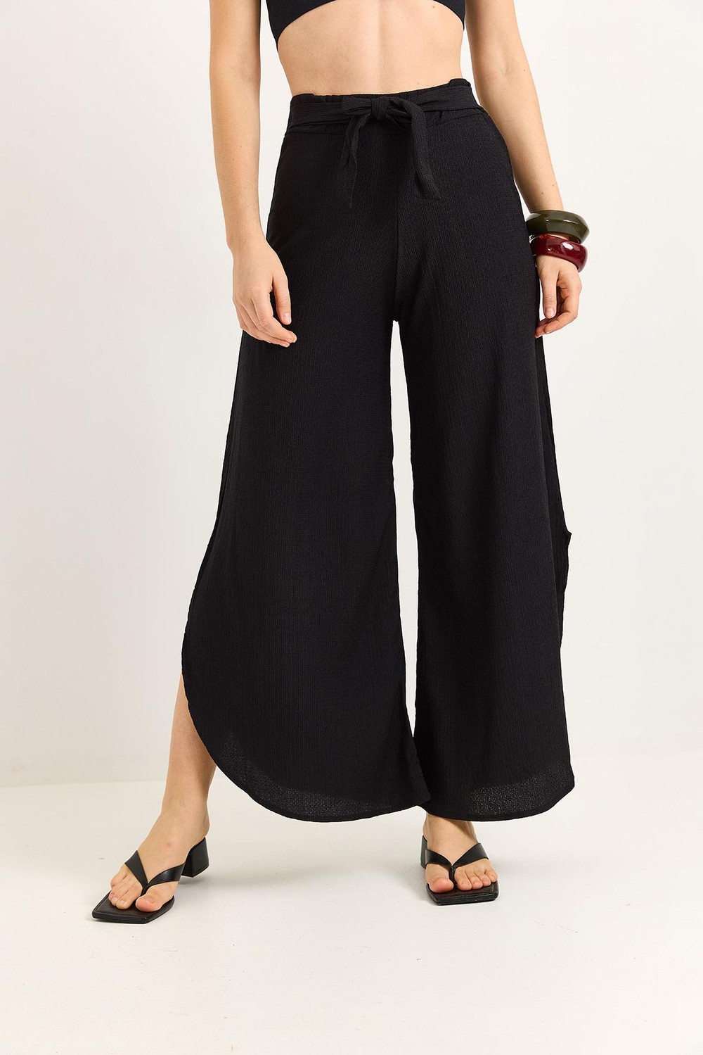 Bağlamalı Bol Paça İspanyol Pantalon Siyah