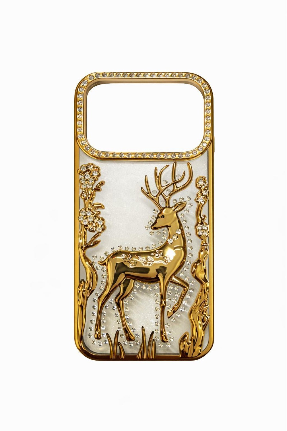 İphone 17 Pro Uyumlu Geyik ve Çiçek Kabartmalı Kılıf Gold