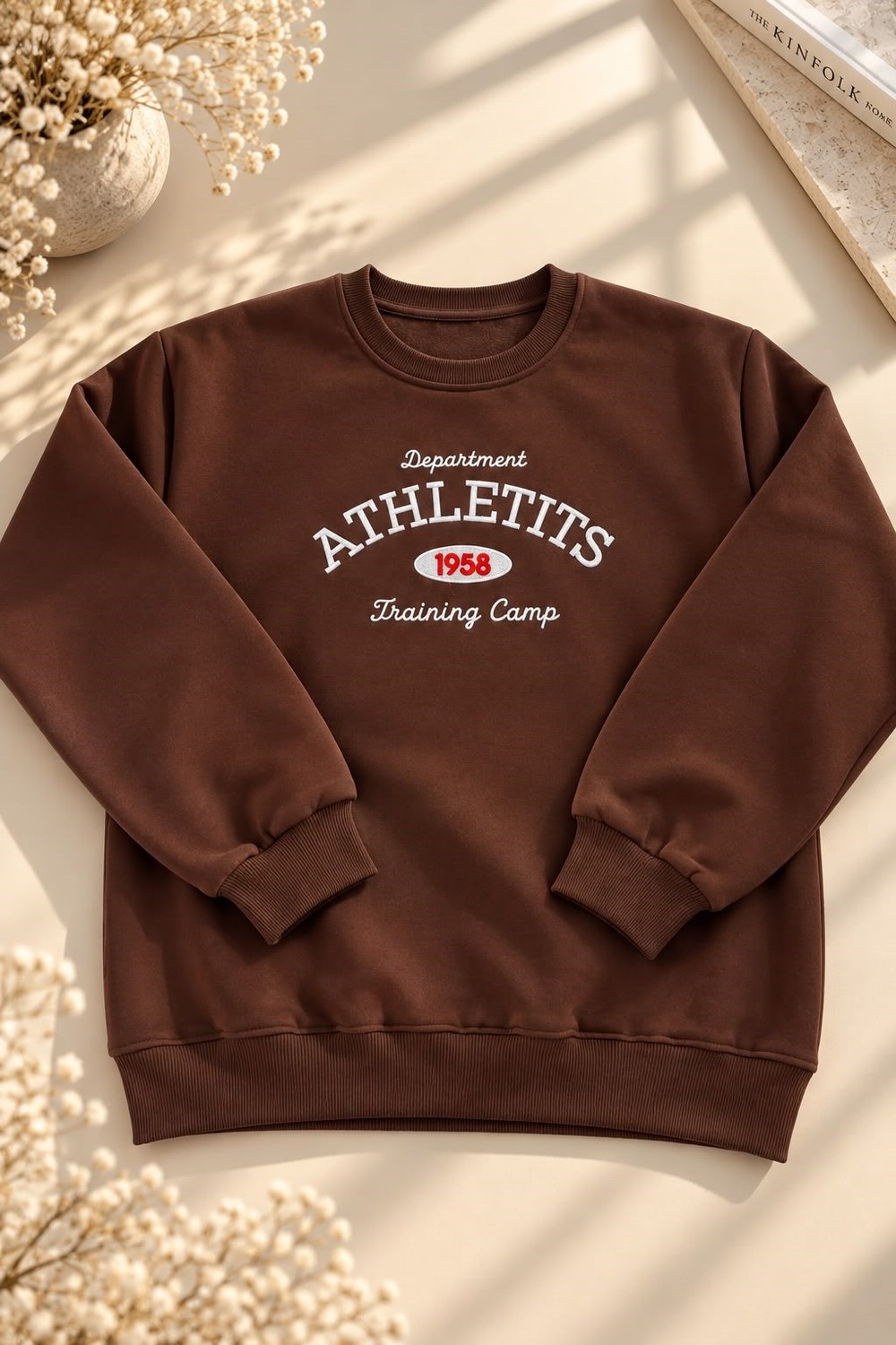 Kadın Yazı Nakışlı Bisiklet Yaka Şardonlu Sweatshirt Kahverengi