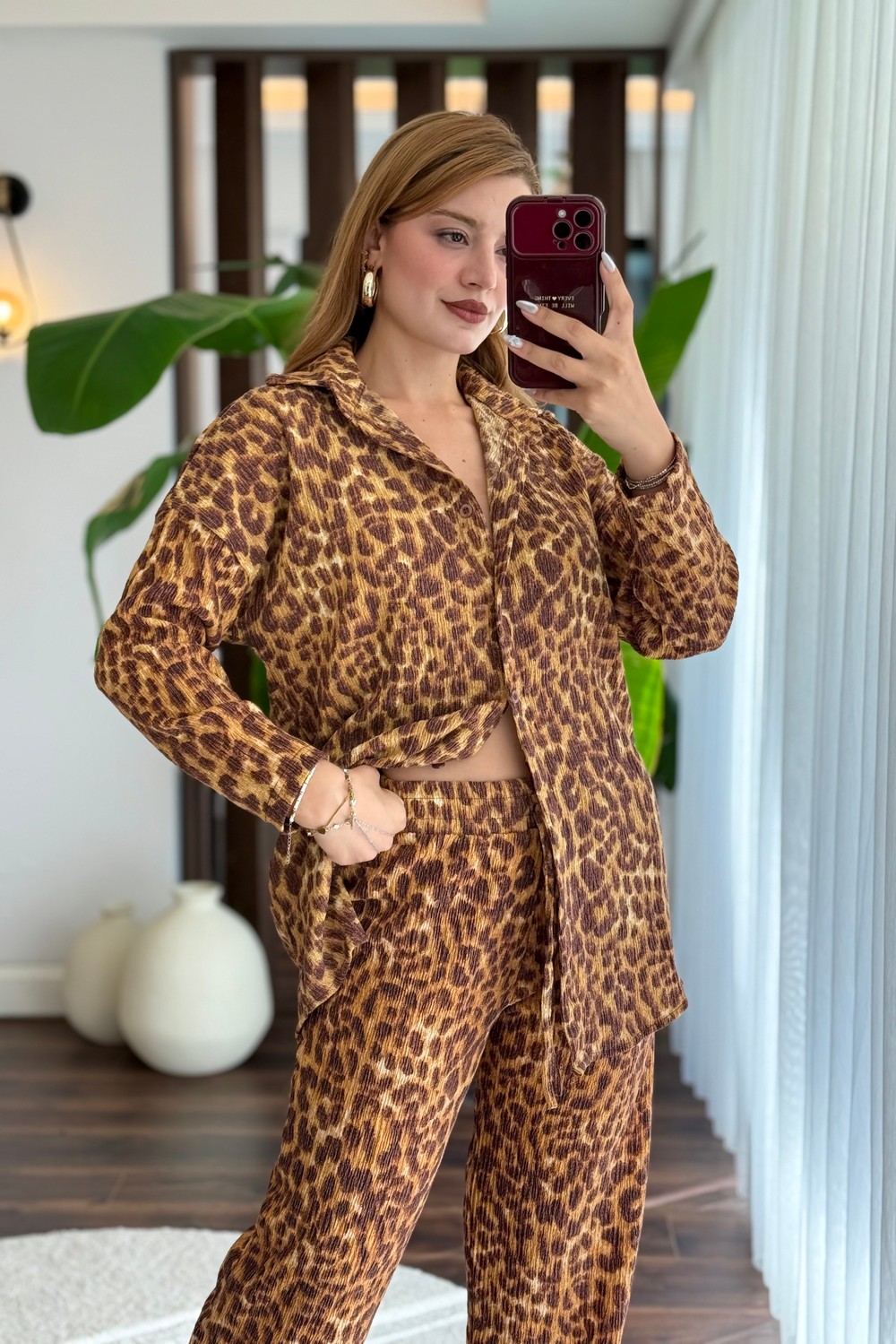 Kadın Bürümcük Gömlek Pantolon Beli Lastikli Takım Leopar