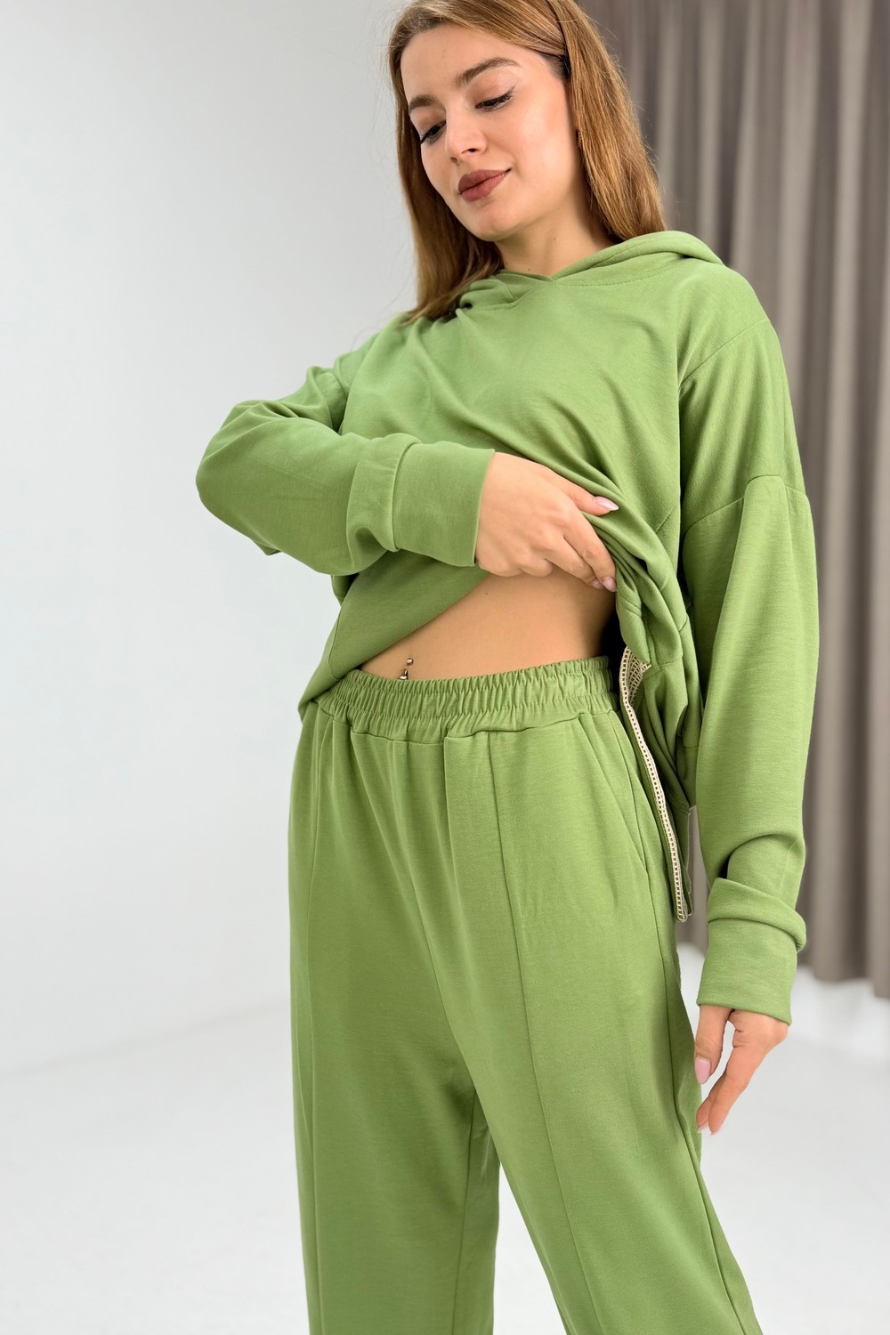 Kadın Paça Detaylı Kapüşonlu Oversize Eşofman Takım Yeşil