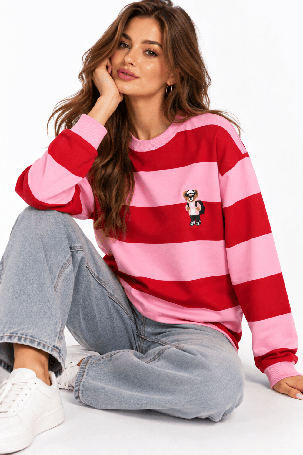 Kadın Uzun Kollu Çizgili Ayıcık Desenli Sweatshirt Pembe