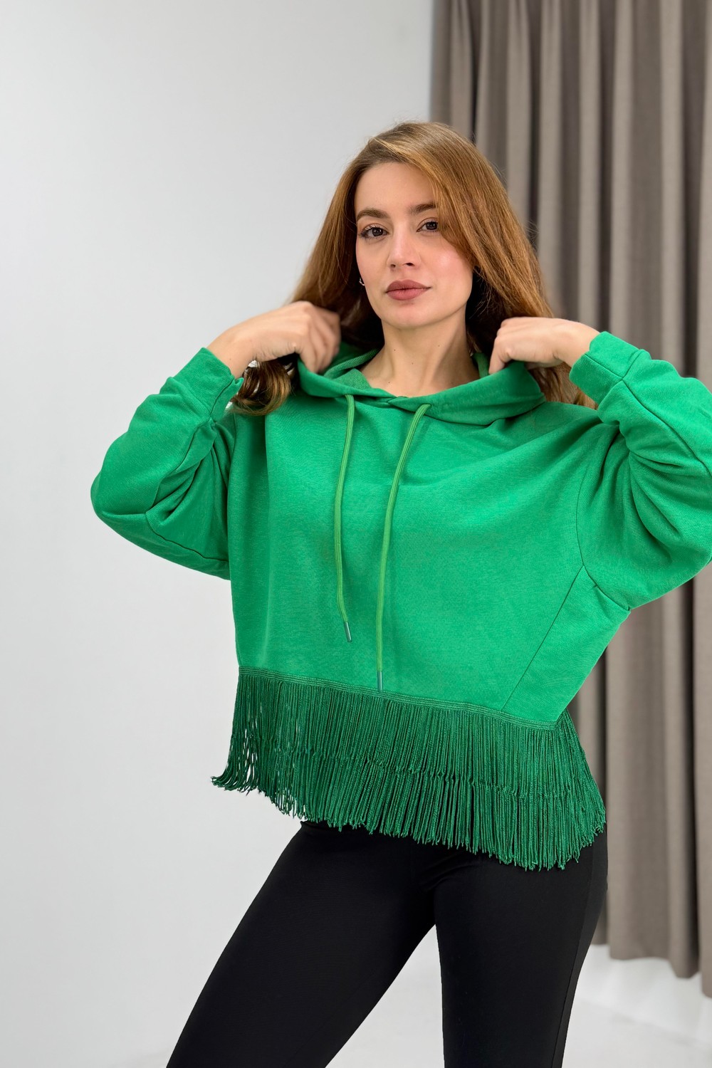 Kadın İp Saçaklı Kapuşonlu Sweatshirt Yeşil