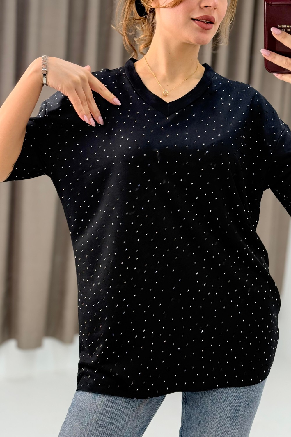 V Yaka Taşlı Yarım Kol T-shirt Siyah