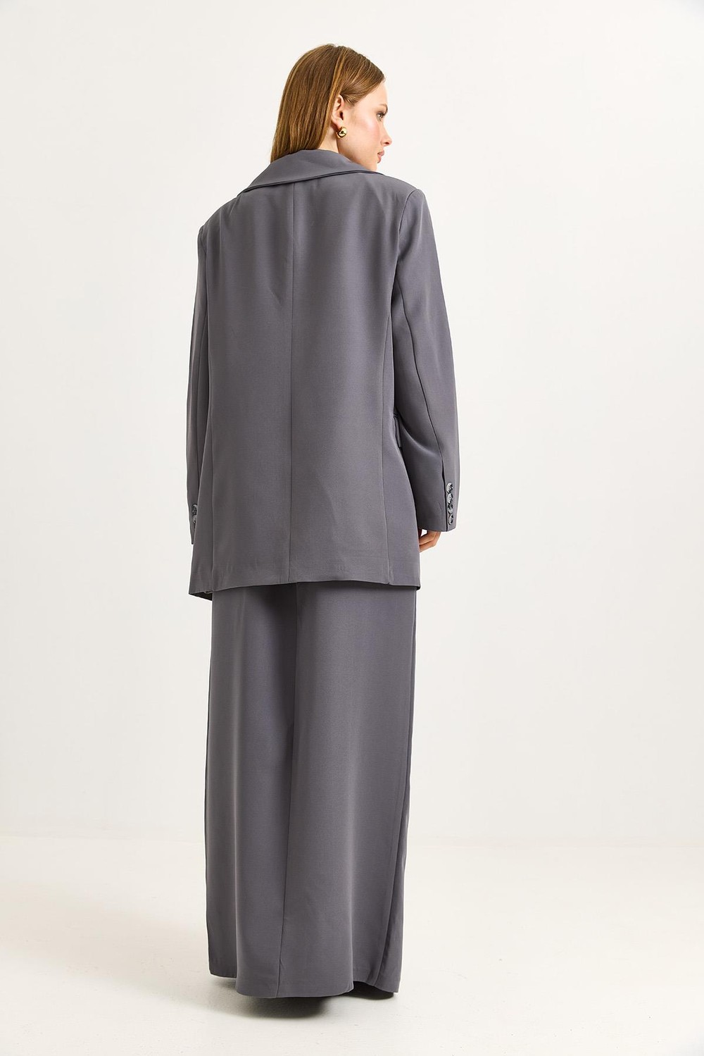 Yırtmaçlı Etek Oversize Ceket İkili Takım Füme