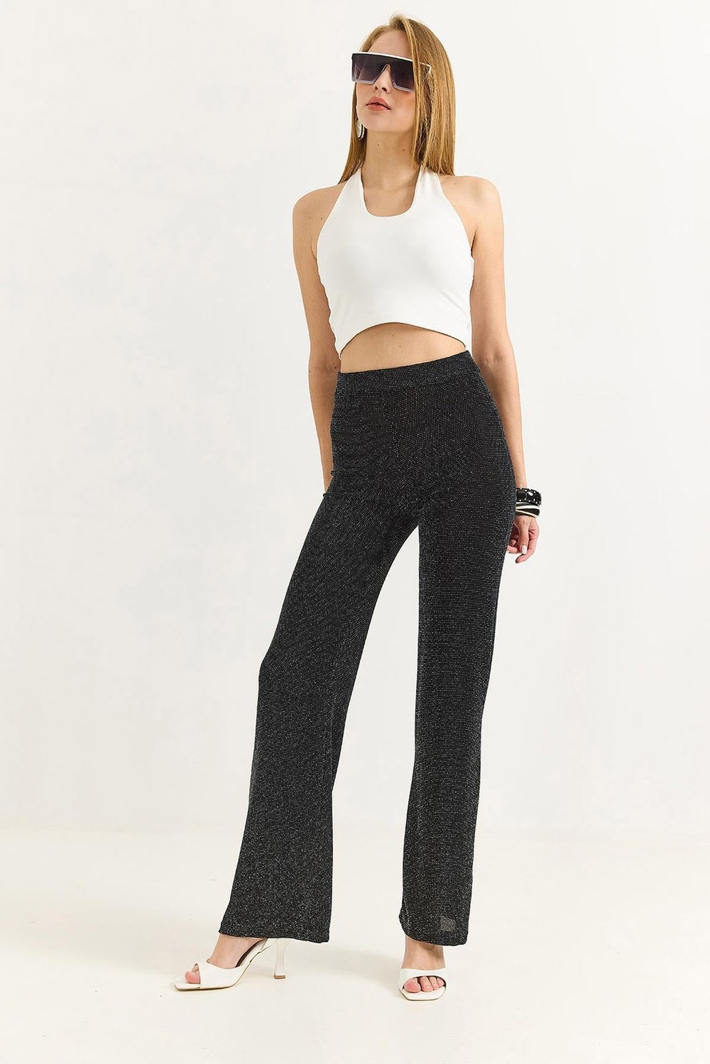 Kadın Bol Dökümlü Simli ŞIK Pantalon Siyah