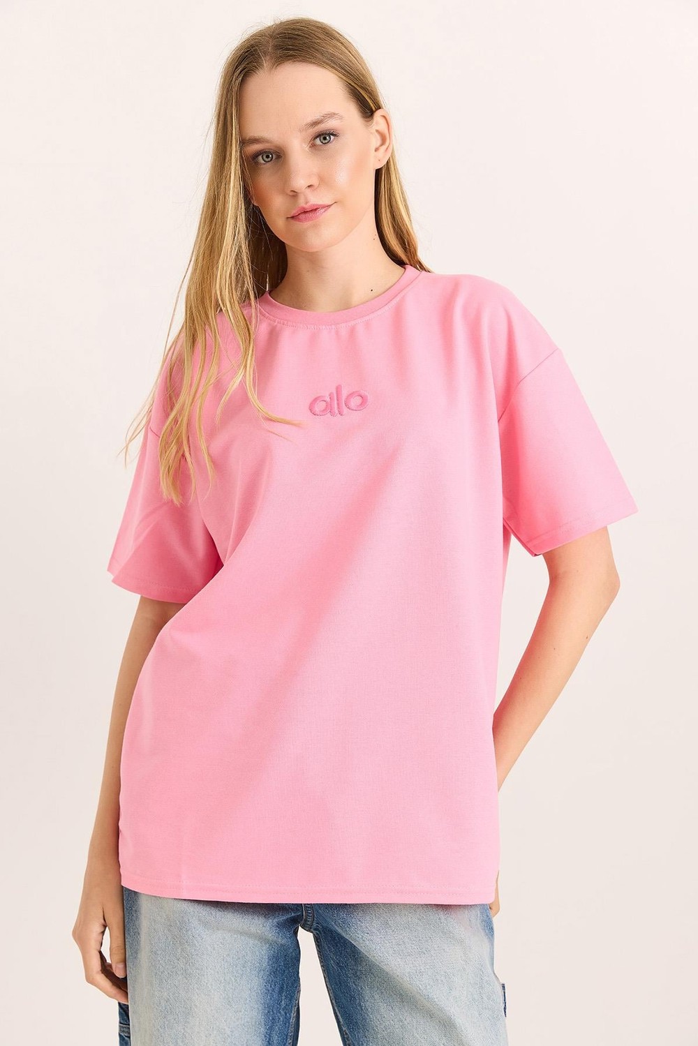 Alo Nakışlı Oversize Unisex Tshirt Pembe