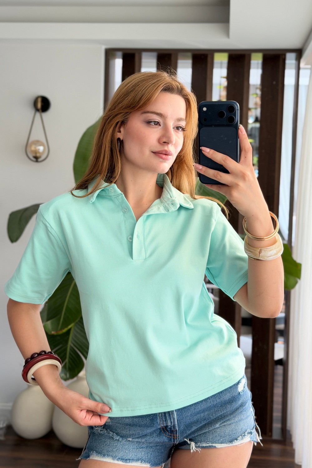 Kadın Vatkalı Polo Yaka Tshirt Yeşil