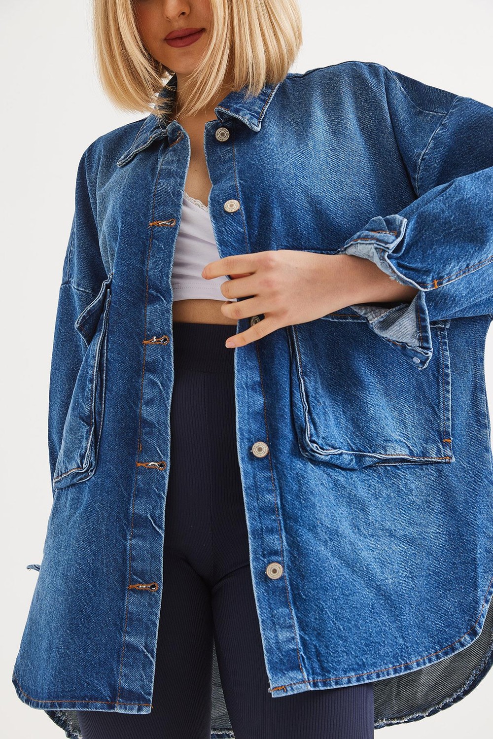 Çift Cepli  Oversize Kot Ceket Mavi