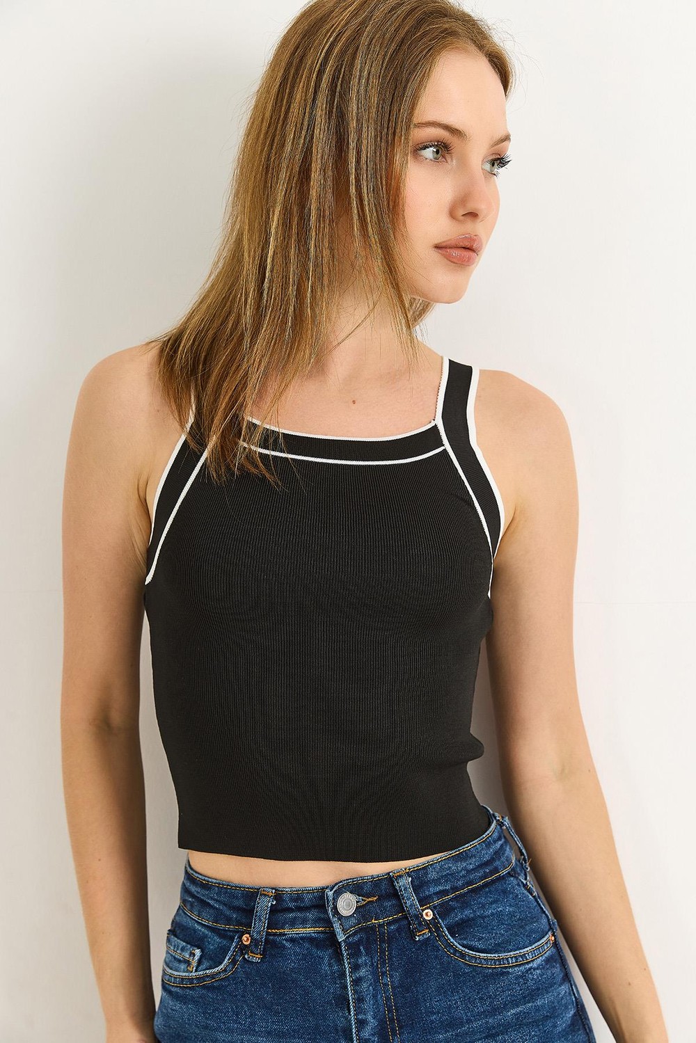 Halter Yaka Triko Bluz Siyah