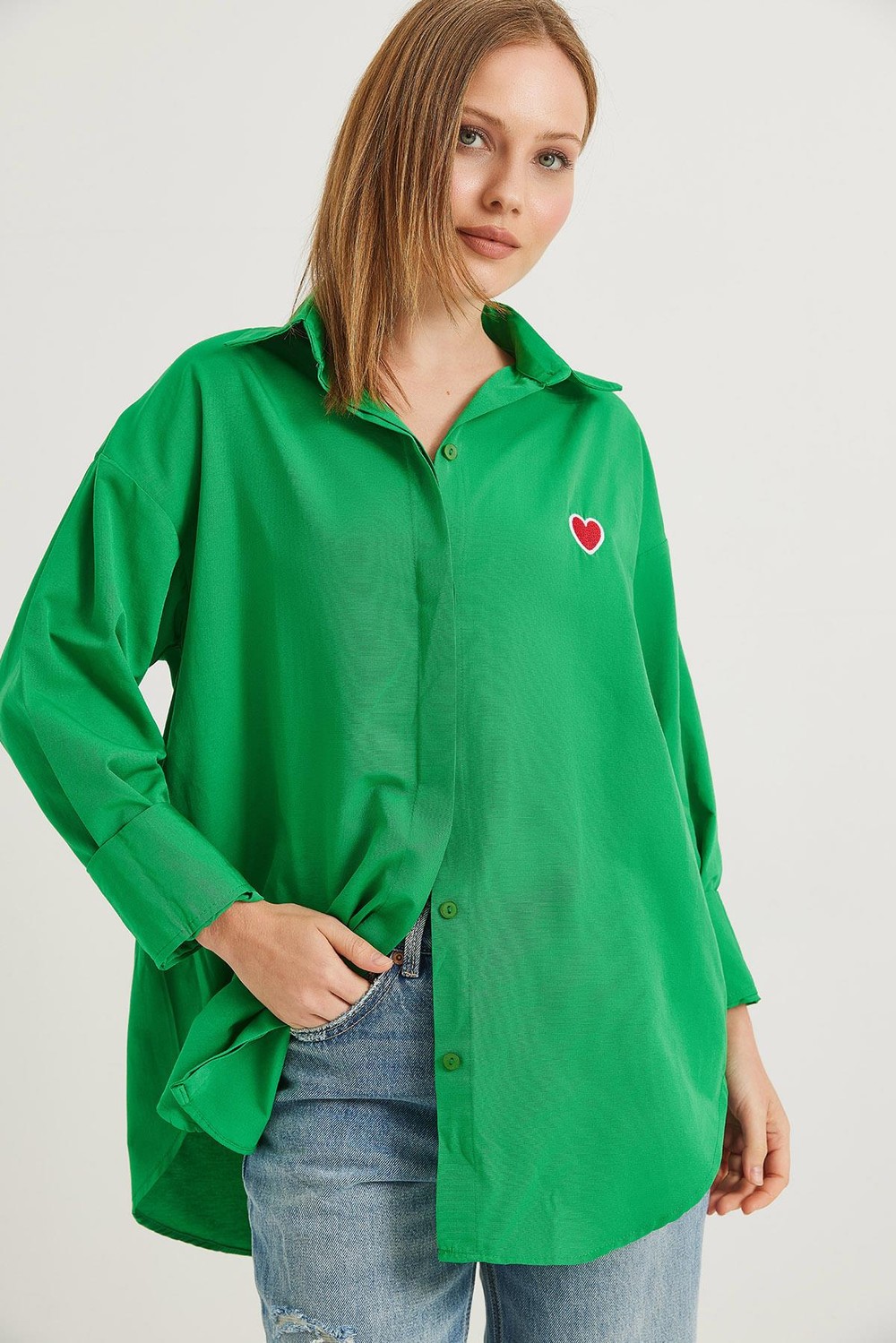 Kalp Nakışlı  Oversize Basic Gömlek Yeşil