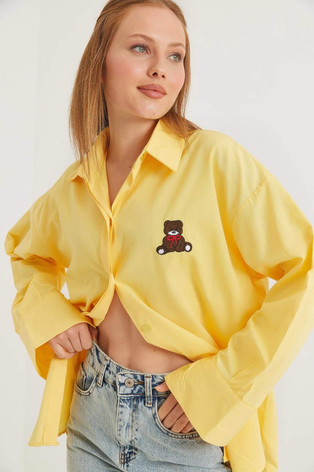 Ayıcık Nakışlı Oversize Basic Gömlek Sarı