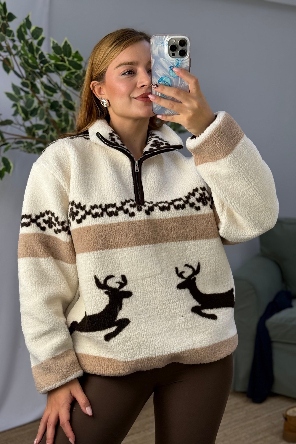 Kadın Desenli Dik Yaka Yarım Fermuarlı Polar Swearshirt Kahverengi