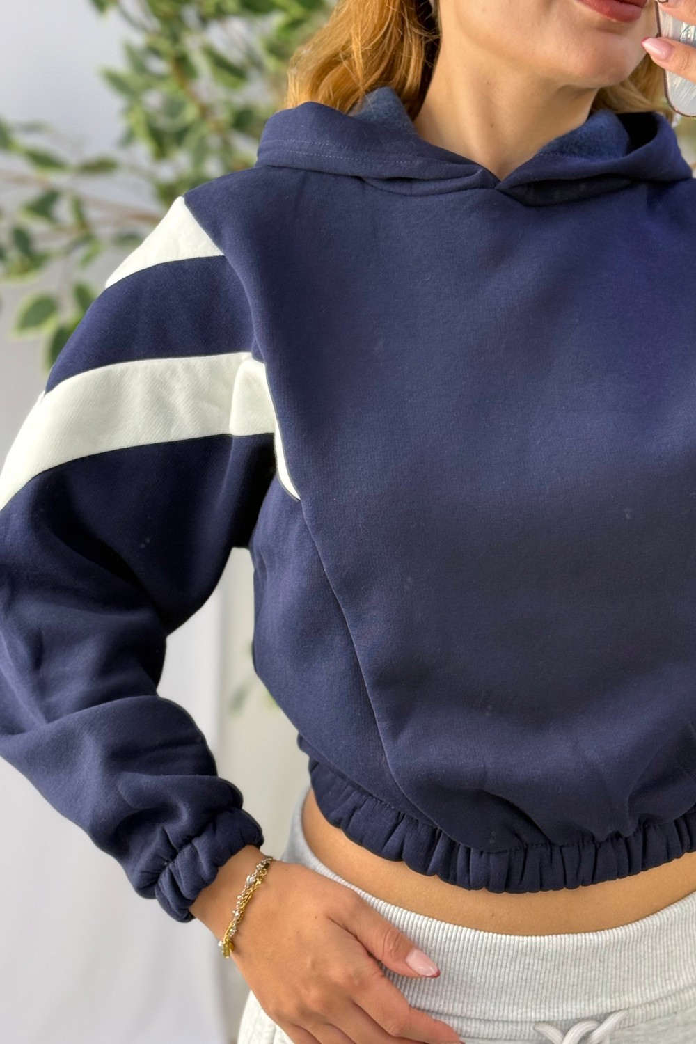 Kadın Beli Lastikli Şerit Detaylı Kapüşonlu Sweat Lacivert