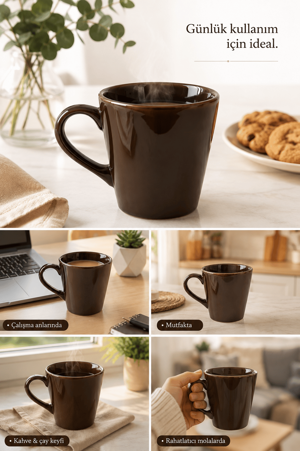 Kulplu Seramik Kupa 200 ML Kahverengi