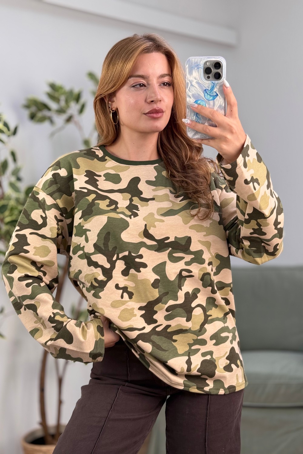 Kadın Kamuflaj Desenli Salaş Sweatshirt