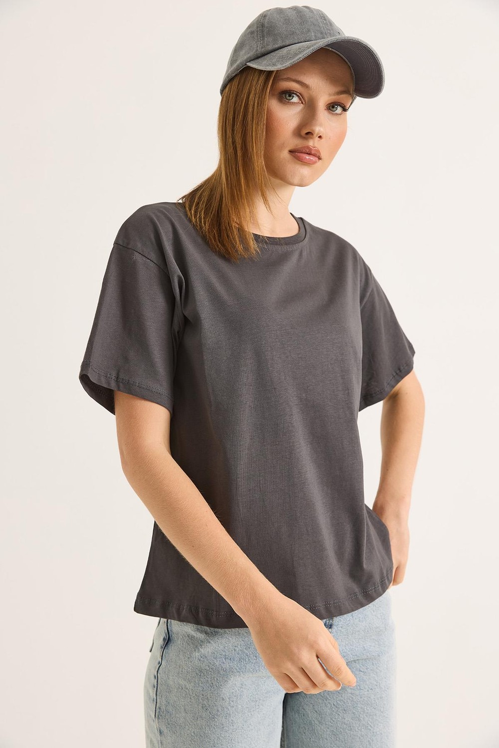 Bisiklet Yaka Kısa Kollu Fit Tshirt Füme