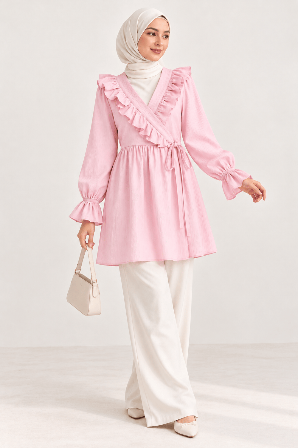 Fırfır Detaylı Bağlamalı Tunik Pembe
