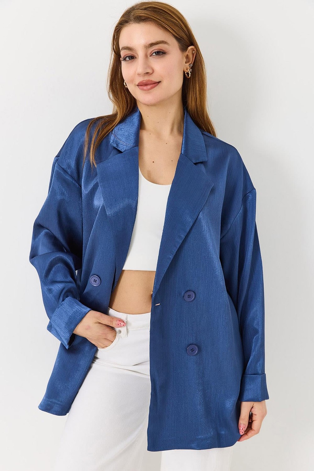 Kadın  Kruvaze Yaka Saten Oversize Blazer Ceket Saks
