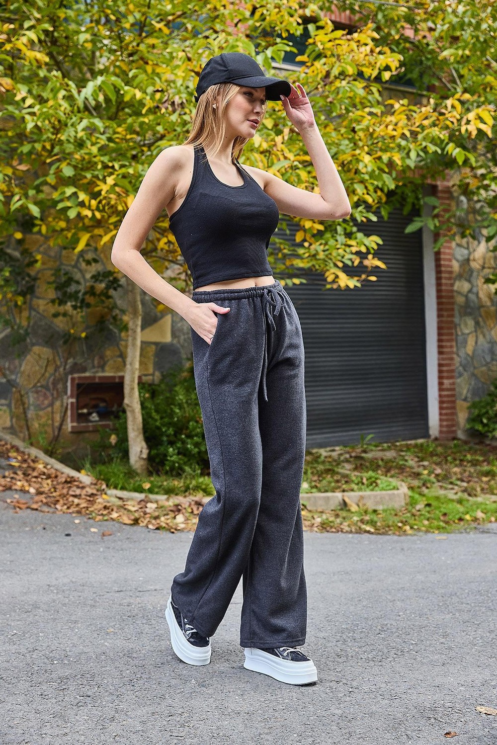 Kadın Selanik Yüksel Bel Esnek ve Dökümlü Triko Pantalon Füme