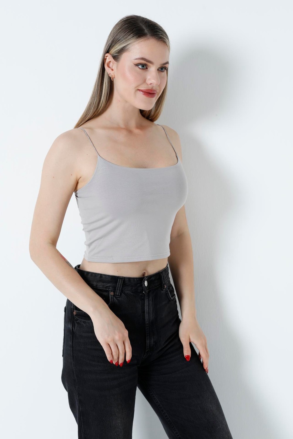 İp Askılı Crop Bluz Gri