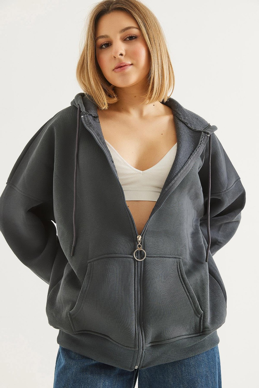 Kapüşonlu Fermuarlı Cepli Oversize Şardonlu Sweatshirt Antrasit