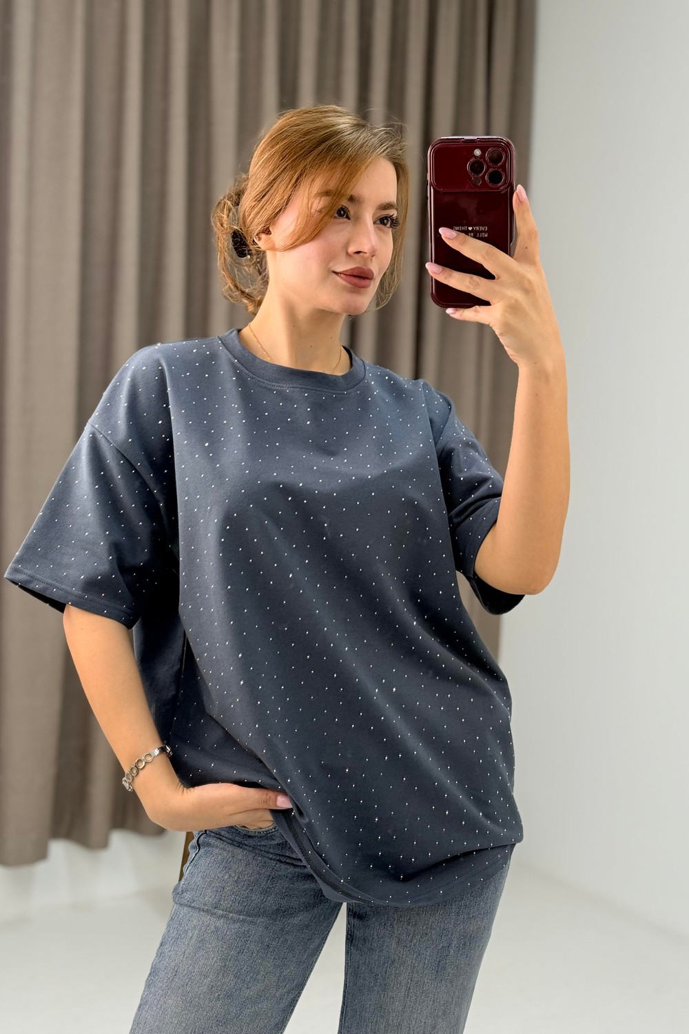 Bisiklet Yaka Taşlı Yarım Kol T-shirt Antrasit