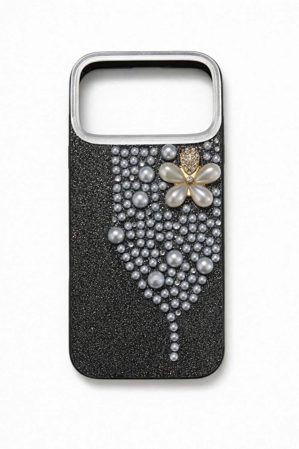 İphone 17 Pro Uyumlu İnci ve Glitter Detaylı Kılıf Siyah